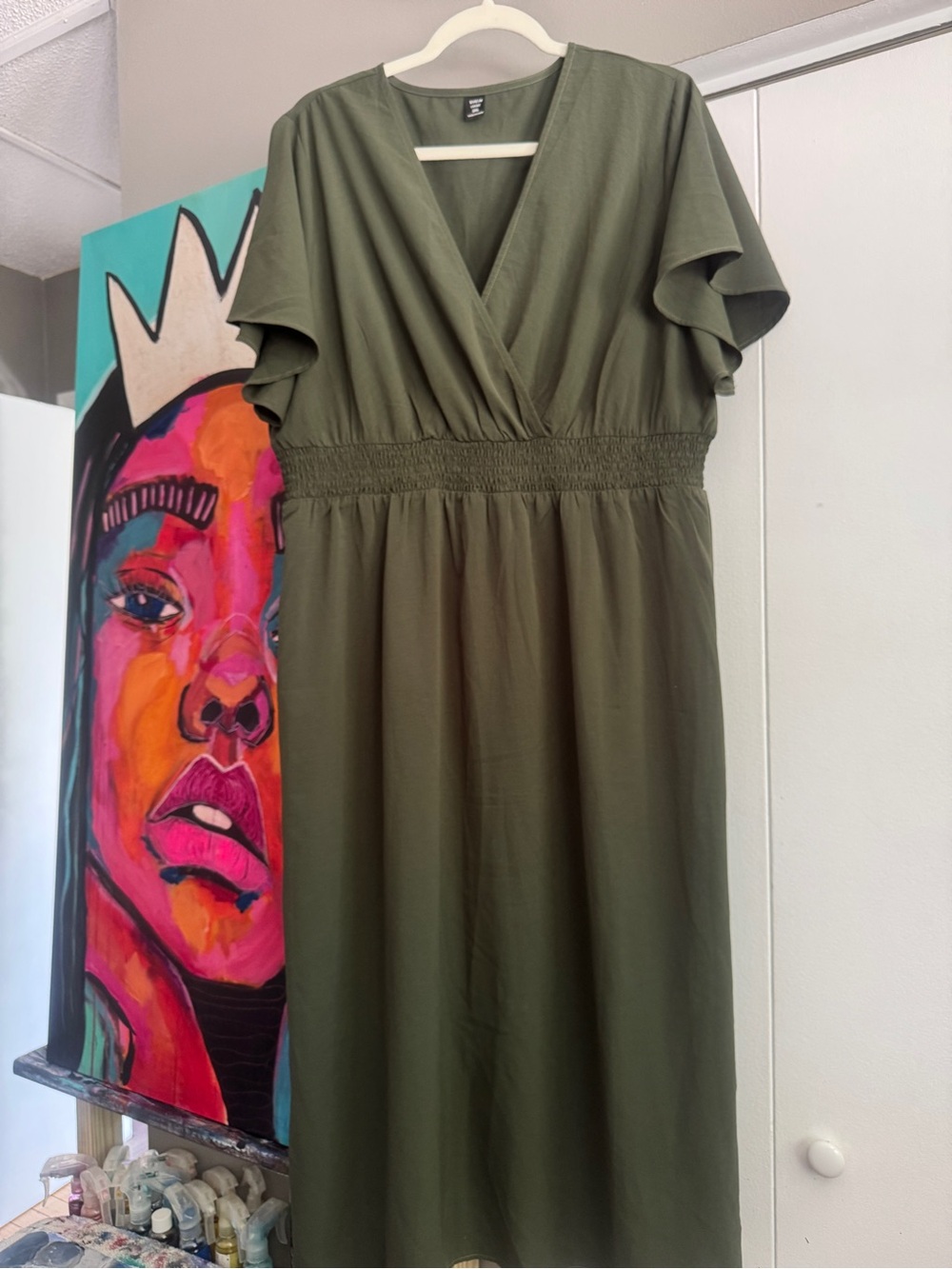Olive Green Maxi Dress Flutter Sleeve Faux Wrap 3XL